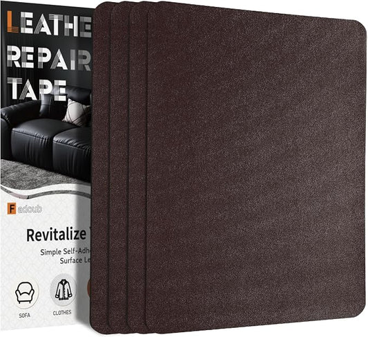 4 Pcs Leather Repair Patch Tape Self-Adhesive, 8x11In Heavy Duty Vinyl Patch, Leather Repair Kit for Furniture, Sofa, Couch, Office Chair, Car Seat, Car Interior (Dark Brown-Fine Grain)