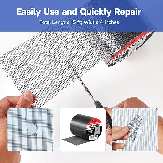 Window Screen Repair Tape, Screen Rrepair Kit for Windows or Doors Screen Repair, Strong Adhesive Screen Patch Repair Kit Mesh Repair (Black, 4 in X 15 FT)