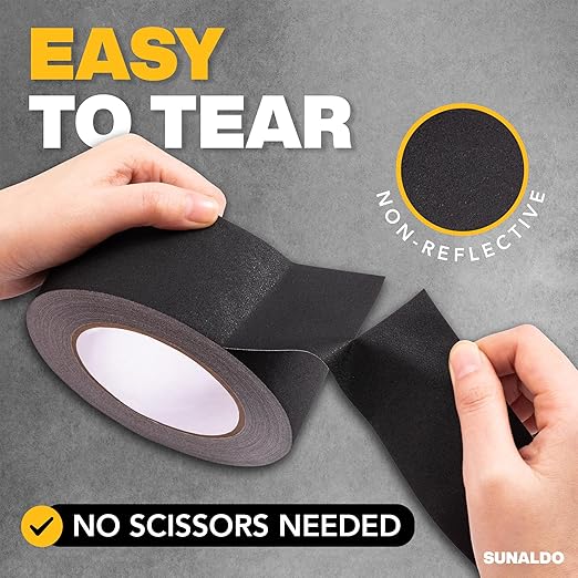 Gaffers Tape Heavy Duty, Easy to Rip, Residue-Free Professional Grade Floor Tape for Electrical Cords, Matte Finish Non Reflective, Weather Resistant (6, Black, 2" x 30 Yards)