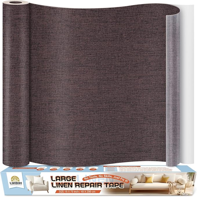 Linen Fabric Repair Tape 16x79 Inch, Self Adhesive Couch Patch Repair Fabric Tape for Furniture, Linen Patch Kit for Couch, Carpet, Upholstery, Chair, Sofa, Cushion, Bag (Dark Brown)