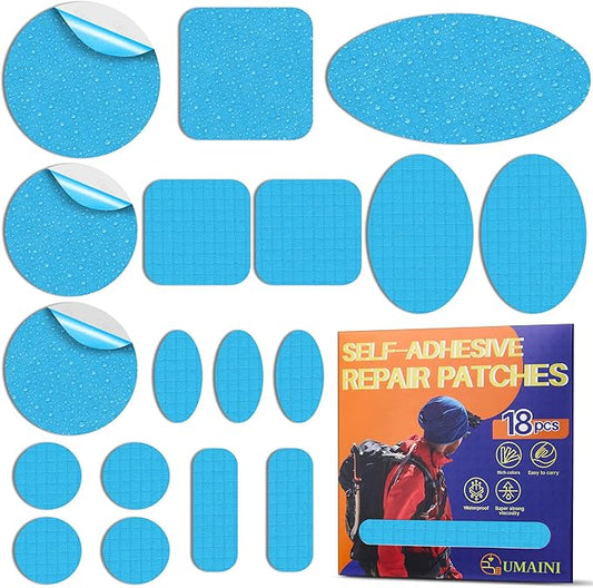 Down Jacket Repair Patch Kit, Outdoor Gear Tenacious Repair Tape, Self Adhesive Fabric Patches for Clothes, Waterproof Ripstop Nylon Fabric Patch for Puffer Jacket, Coat, Tent (18 Pcs, Sky Blue)