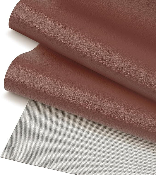 Brown Faux Leather Fabric 19"x54" – Waterproof Lychee Grain Vinyl Fabric with Mesh Backing for Upholstery, Sewing, Handbags, Furniture Repair & DIY Crafts