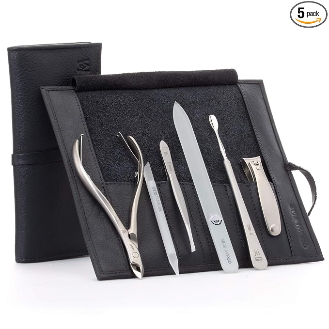 GERMANIKURE 6pc Manicure Set in Black Leather Case - FINOX Stainless Steel Tools Made in Germany, Glass Nail Care Supplies Made in Czech Republic – Professional Cuticle and Nail Care Kit