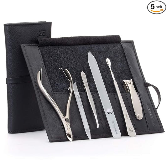 GERMANIKURE 6pc Manicure Set in Black Leather Case - FINOX Stainless Steel Tools Made in Germany, Glass Nail Care Supplies Made in Czech Republic – Professional Cuticle and Nail Care Kit