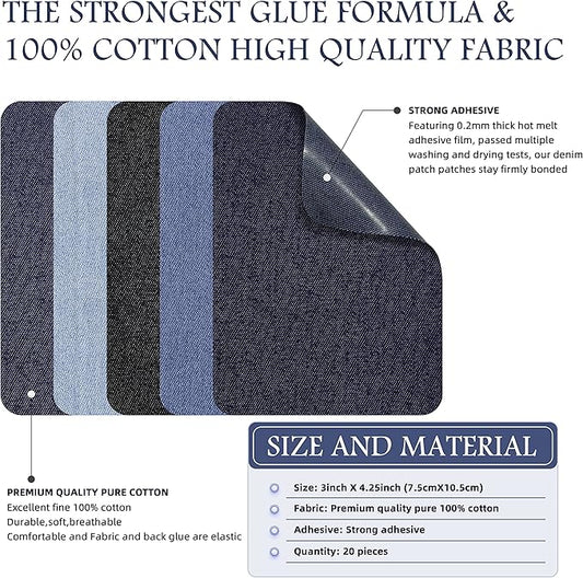 KING MOUNTAIN Iron-on Repair Patch 20 Pcs Pack,Denim Patches for Jeans Kit 3" by 4-1/4", 100% Cotton Denim Iron-on Repair Patch,Jeans and Clothing Repair and Decoration Kit (Five Color)
