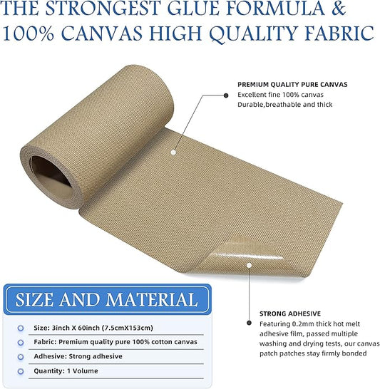 KING MOUNTAIN Canvas Iron on Patch,3"×60",Waterproof 100% Cotton Fabric Repair Patch,Used for Various Sofa,Tent,Clothes,Seats,Suitcases (Camel)