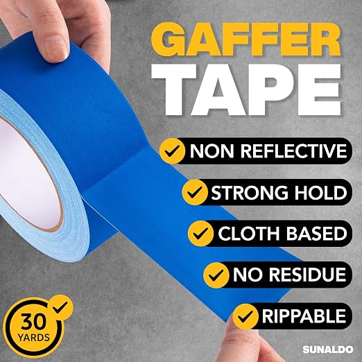 Gaffers Tape Heavy Duty, Easy to Rip, Residue-Free Professional Grade Floor Tape for Electrical Cords, Matte Finish Non Reflective, Weather Resistant (1, Blue, 2" x 30 Yards)