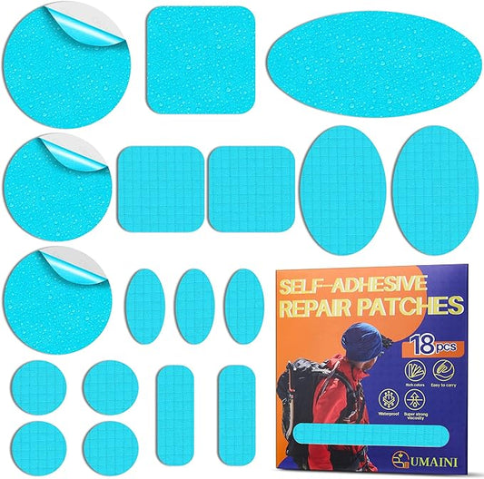 Down Jacket Repair Patch Kit, Outdoor Gear Tenacious Repair Tape, Self Adhesive Fabric Patches for Clothes, Waterproof Ripstop Nylon Fabric Patch for Puffer Jacket, Coat, Tent (18 Pcs, Light Blue)