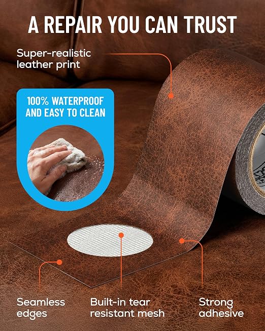 MATCH 'N PATCH Brown Leather Repair Tape, 2.25" x 15' for Furniture | Realistic Faux Leather Patches for Couch, Sofa, Upholstery, Car Seat & Other Furniture, Vinyl Repair Kit, Self Adhesive Patch