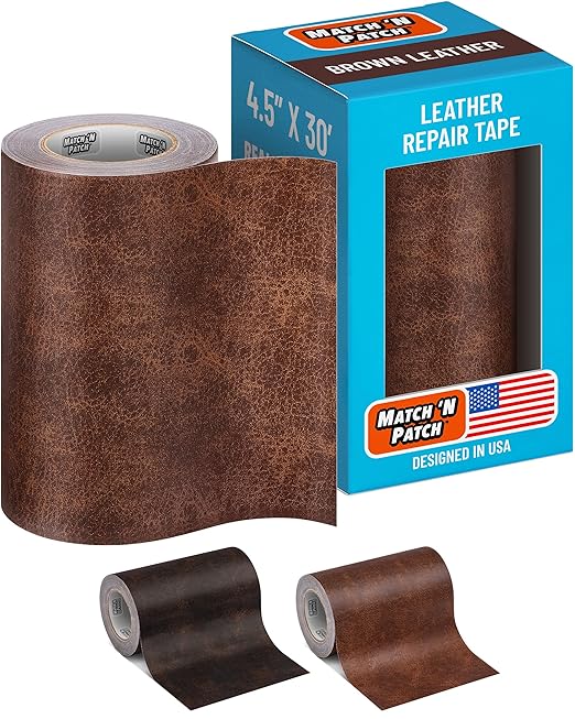 MATCH 'N PATCH Brown Leather Repair Tape, 4.50" x 30' for Furniture | Realistic Faux Leather Patches for Couch, Sofa, Upholstery, Car Seat & Other Furniture, Vinyl Repair Kit, Self Adhesive Patch