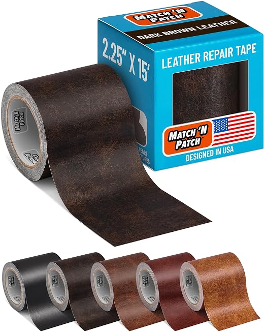 MATCH 'N PATCH Dark Brown Leather Repair Tape, 2.25" x 15' for Furniture | Realistic Faux Leather Patches for Couch, Sofa, Upholstery, Car Seat & Other Furniture, Vinyl Repair Kit, Self Adhesive Patch