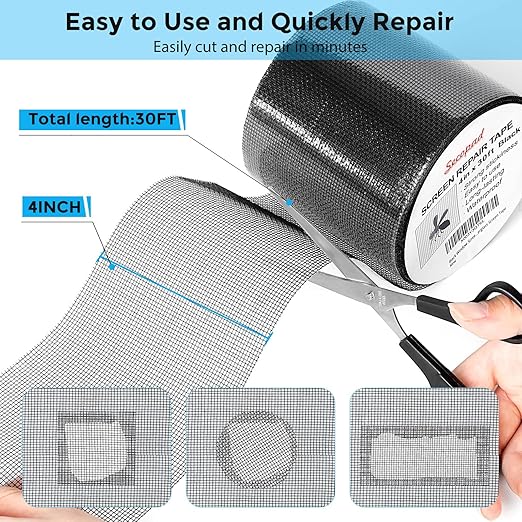 Secopad Black Window Screen Repair Kit, 4 in X 30 FT (360IN) Screen Repair Tape for Windows or Doors, Strong Adhesive Fiberglass Mesh Patch Tape