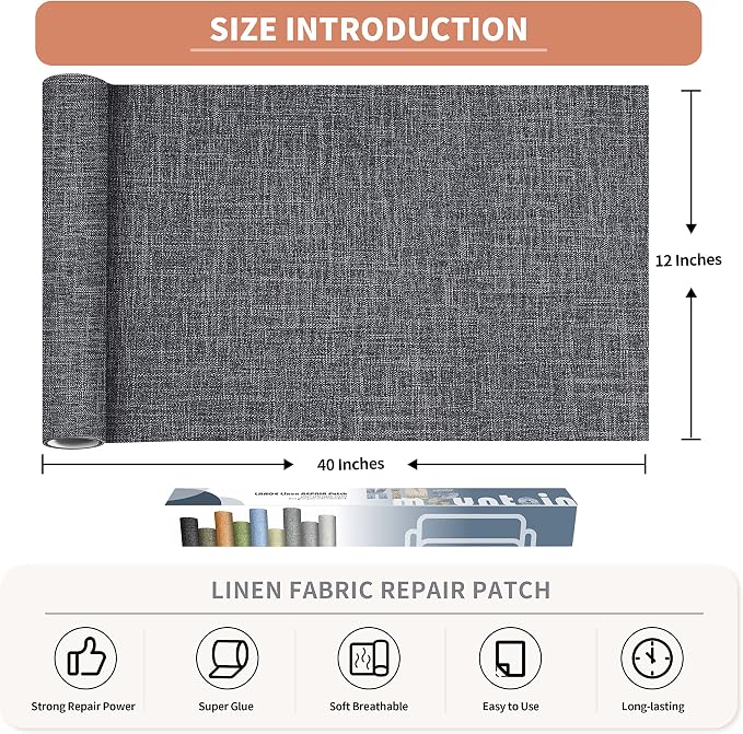 KING MOUNTAIN Fine Linen Fabric Patches, Self-Adhesive, 12x40 inch, Multi Color, for Linen Sofa (Dark Grey 3.0)