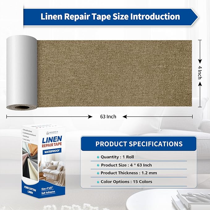 KING MOUNTAIN Linen Repair Patches, Self-Adhesive Fabric Patches, 4 X 63 inch Extra Size, Multi Color, Can be Used for Sofa Repair (Brown)