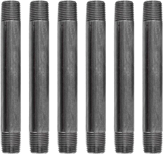 PIPE DÉCOR 1/2” x 9” Malleable Cast Iron Pipe Nipple, Pre-Cut Connectors, Industrial Steel Grey Fits Standard Half Inch Black Threaded Pipes Nipples and Fittings, Build Vintage DIY Furniture, 6 Pack