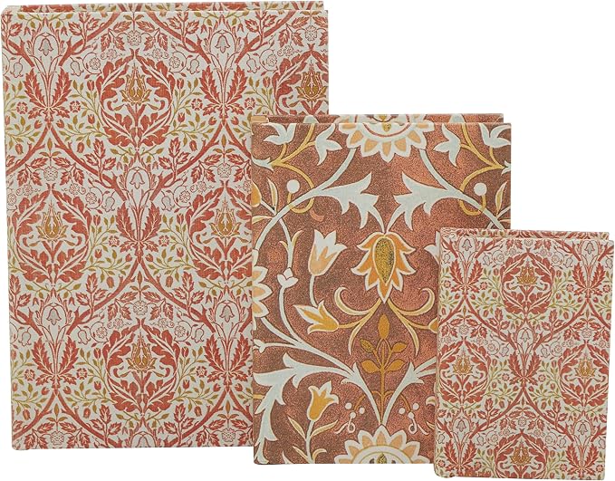Deco 79 Faux Leather Decorative Box Faux Storage Book Book Shaped Boxes with Cream Floral Patterns, Set of 3 Decorative Keepsake Boxes 12", 9", 6"H, Orange
