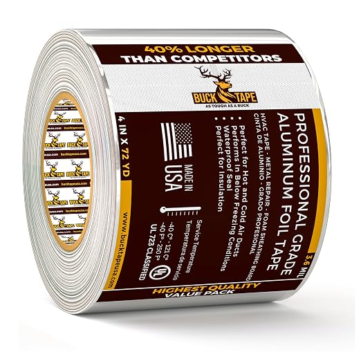 Buck Aluminum Foil Tape – 4 Inch x 216ft (72 yd), 3.6 Mil – HVAC Tape for Ductwork, AC, Dryer Vents & Insulation – Silver Foil Tape for Metal Repair, Exhaust Sealing & Air Conditioning (1 Pack)