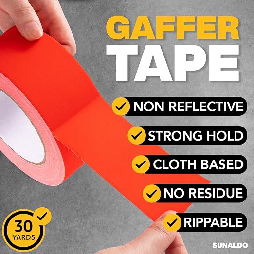 Gaffers Tape Heavy Duty, Easy to Rip, Residue-Free Professional Grade Floor Tape for Electrical Cords, Matte Finish Non Reflective, Weather Resistant (6, Red, 2" x 30 Yards)