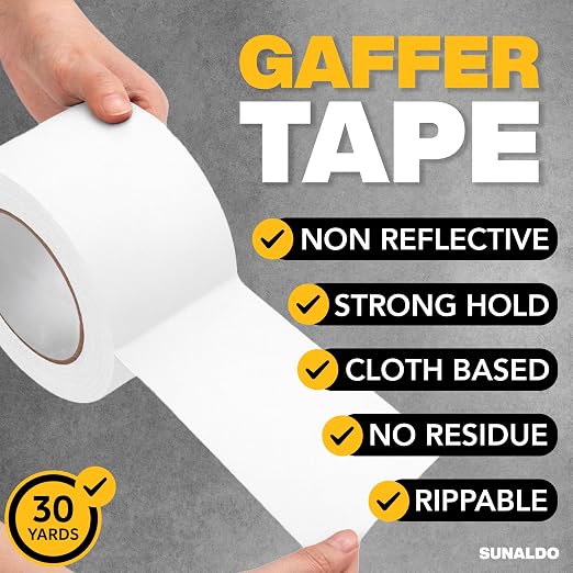 Gaffers Tape Heavy Duty, Easy to Rip, Residue-Free Professional Grade Floor Tape for Electrical Cords, Matte Finish Non Reflective, Weather Resistant (1, White, 3" x 30 Yards)