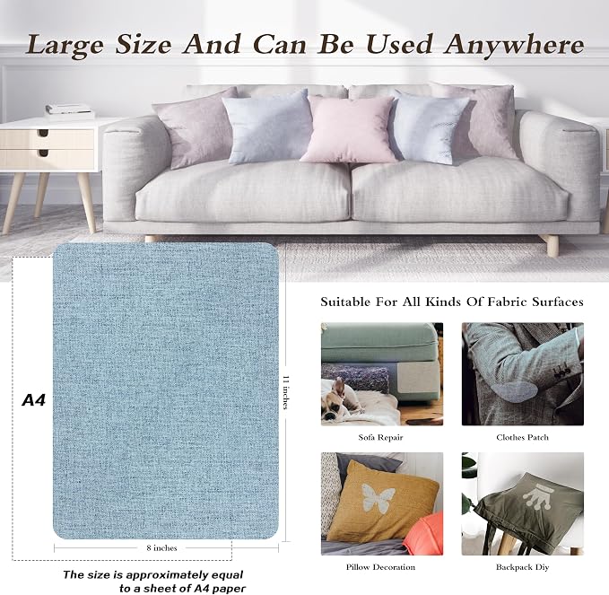 Fine Linen Fabric Patches, Self-Adhesive, 8x11 inch Extra Size, Multi Color, for Sofa and Seat Repair (Blue Grey)