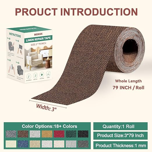 BESEZX Linen Fabric Repair Tape, 3x79 Inch Self Adhesive Repair Patches, Couch Fabric Tape for Furniture, Sofa, Chair, Upholstery.(Brown)