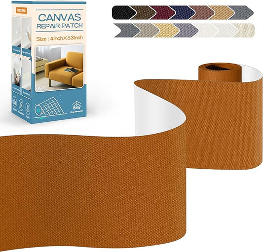 KING MOUNTAIN Canvas Repair Tape,Outdoor Gear Patch, 4×63 Inches,Waterproof,Self-Adhesive for Repairing Boat Covers,Sun Shades,Sofas,Tents,Lounge Chairs,Awnings (Yellow Brown)