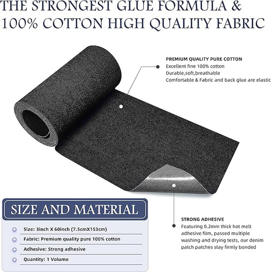 KING MOUNTAIN Iron-on Repair Patch,3"x60"100% Cotton Denim Iron-on Repair Patch, Jeans and Clothing Repair and Decoration Kit (Black)