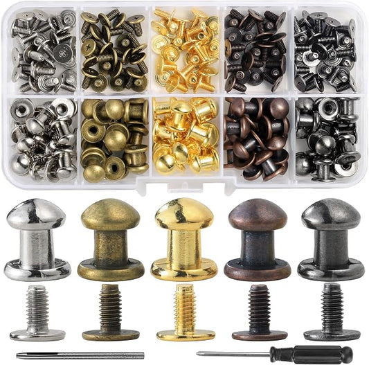 YORANYO 75 Sets 8MM Round Head Button Stud for Leather Chicago Screws Spikes and Stud Leather Rivets Screws Button Rivets for Repair and Decorate Clothing Shoes Belts Bags Dog Collars (Mixed in Box)