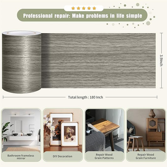 Besezx Wood Grain Tape, 3.9" X15', Self Adhesive Wood Grain Repair Patch for Tables, Chairs, DIY,Baseboards, Doors, Windows, Floors and Furniture Renovation.（Gray）