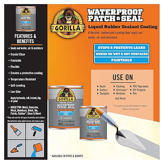Gorilla Patch & Seal Liquid Rubber Waterproof Sealant, Crystal Clear, 32 Ounce (Pack of 1) - Seals Out Water, Air, and Moisture