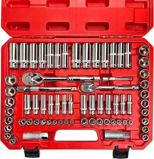EACELIY 69pcs 1/4”&3/8"" Drive Impact Socket Set,Drive Master Socket Set,SAE/Metric, Deep & Shallow with Drive Head Ratchet,Drive Spark Plug Socket,Extension bar (3” & 6”),6 Point,CR-V Steel, Mirror