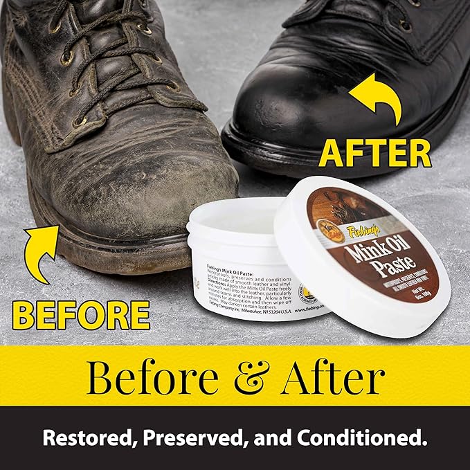 Fiebing's Mink Oil for Leather Boots (6 oz) - Leather Cleaner & Conditioner - Waterproof, Preserve, Soften All Smooth Leathercraft & Vinyl - Prevents Salt Stains - Use On Couch, Shoe, Purse & Belt