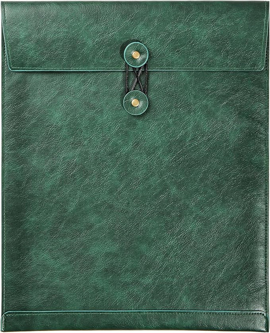 Green PU Leather File Folder for Documents,Important Document Folder with String Tie,Laptop Sleeve Notebook Case,Leather File Organizer, A4 Envelopes Filing Folder