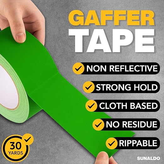 Gaffers Tape Heavy Duty, Easy to Rip, Residue-Free Professional Grade Floor Tape for Electrical Cords, Matte Finish Non Reflective, Weather Resistant (3, Green, 2" x 30 Yards)
