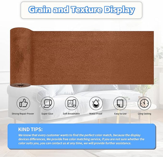 KING MOUNTAIN Couch Fabric Repair Patch, Fabric Patches for Furniture, 4" x 63" Waterproof Velvet Repair Tape for Sofas, Car Seats, Furniture, Upholstery Fabrics and Velvet Goods. （Light Brown）