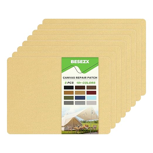 Besezx Canvas Repair Patch,Outdoor Gear Patch, 7.87x5.9 Inches 8PCS,Waterproof Self-Adhesive Fabric Repair Tape for Repairing Boat Covers,Sun Shades,Sofas,Tents,Lounge Chairs,Awnings (Beige Yellow)