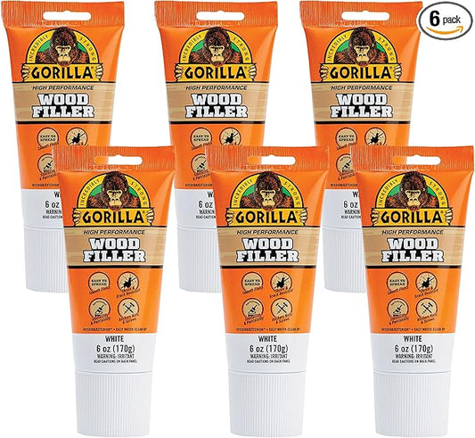Gorilla All Purpose Wood Filler, White Wood Filler, 6 Ounce Tube (Pack of 6) - Water Resistant for Indoor or Outdoor Projects and Repairs