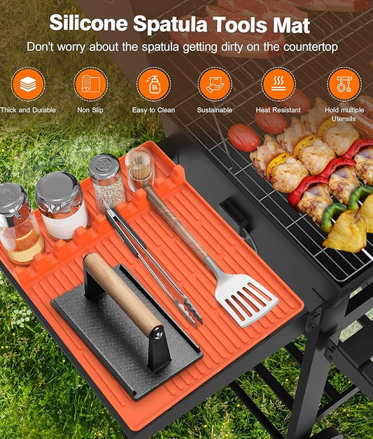 Silicone Grill Mat Compatible with Blackstone, BBQ Griddle Tools Mat with Drip Pad, Large Spatula Holder for Outdoor Kitchen Counter, Gifts for Men (Orange)