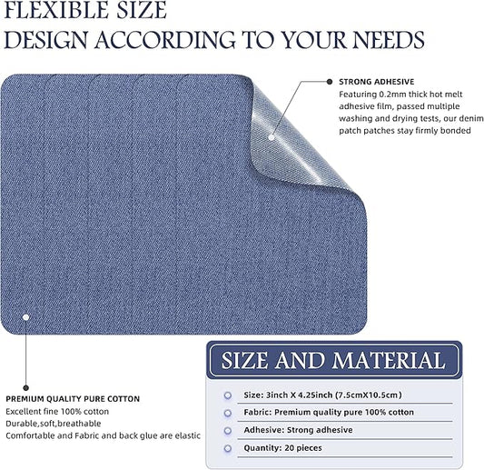 KING MOUNTAIN Iron-on Repair Patch 20 Pcs Pack,Denim Patches for Jeans Kit 3" by 4-1/4",100% Cotton Denim Iron-on Repair Patch,Jeans and Clothing Repair and Decoration Kit (Sky Blue)