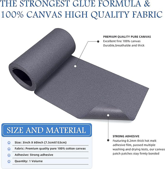 KING MOUNTAIN Canvas Iron on Patch,3"×60",Waterproof 100% Cotton Fabric Repair Patch,Used for Various Sofa,Tent,Clothes,Seats,Suitcases (Grey1.0)