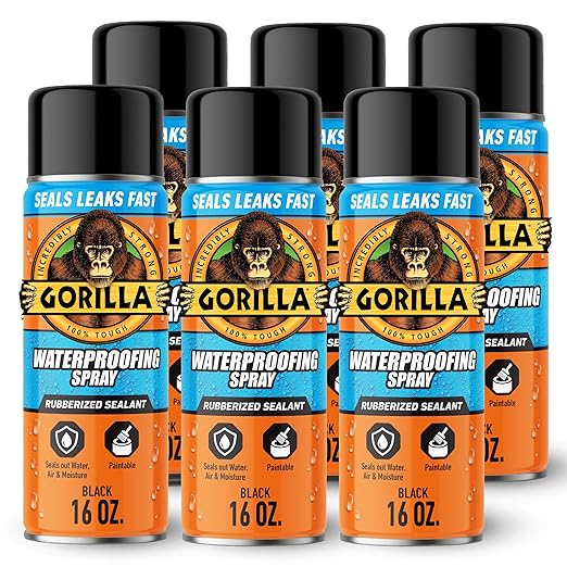 Gorilla Waterproofing Spray Black, Flexible Rubberized Sealant Coating, Paintable UV Resistant, Seals Water Air Moisture, 16 oz (Pack of 6), for Roofs Gutters Skylights RVs Windows & More