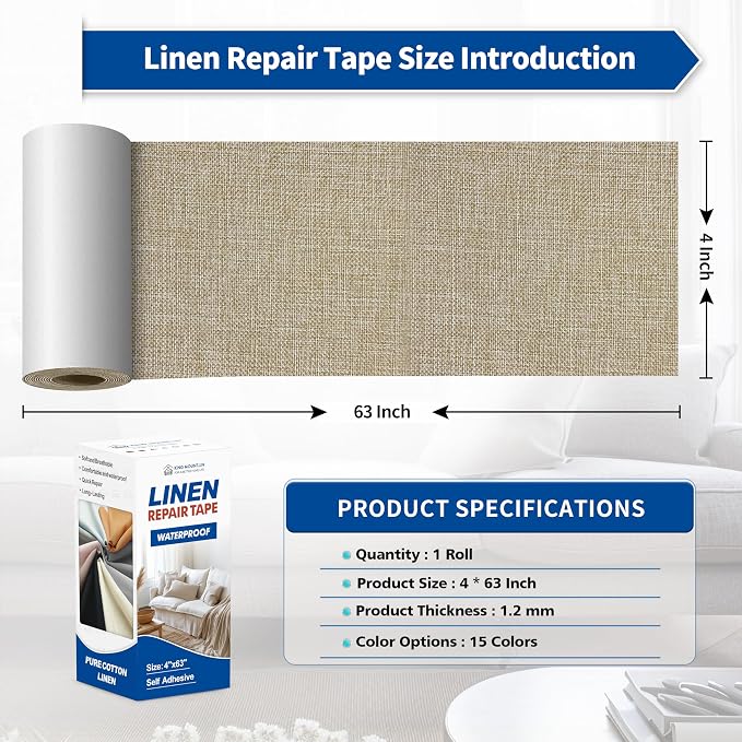 KING MOUNTAIN Linen Repair Patches, Self-Adhesive Fabric Patches, 4 X 63 inch Extra Size, Multi Color, Can be Used for Sofa Repair (Cocoa Color)