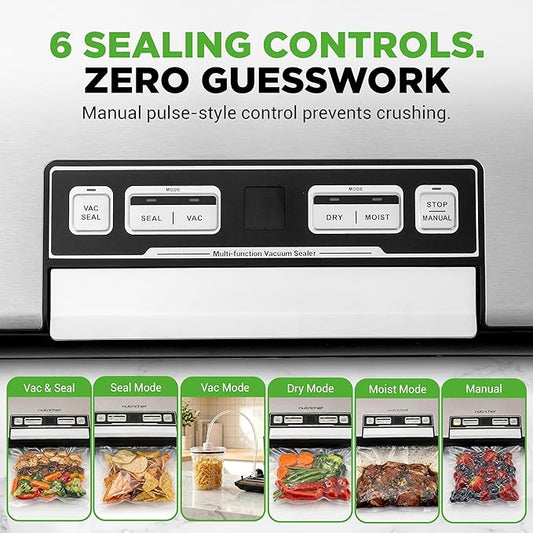 NutriChef Vacuum Sealer Machine, 80kPa Food Vacuum Sealer with Cutter, Bag Storage, Suction Hose, 1 Bag Roll & 5 Vacuum Bags to Ensure Freshness, Suitable for Freezer Meal Prep & Portioning 14"x7"x3"