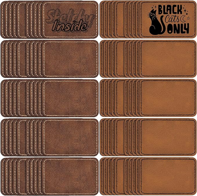 100 Pack Blank Leatherette Patches with Adhesive, Rectangle Laser Engravable Faux Leather Patch for Hats Custom, Fabric Repair Sew, Engraving Materials, Gifts, DIY (Brown+Khaki, 3 x 2 in)