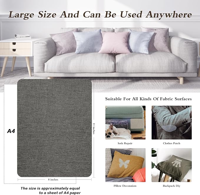 KING MOUNTAIN Fine Linen Repair Patches, Self-Adhesive Linen Fabric Patches, 8X11 inch 2 PCS, Multi Color, Can be Used for Linen Sofa Repair (8" x 11"-2PCS,Dark Grey 2.0)