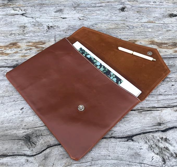 Vintage Leather 13.5" Business Clutch Envelope Bag Documents Certificate Laptop Sleeve Case Office File Folder (Orange)