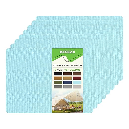 Besezx Canvas Repair Patch,Outdoor Gear Patch, 7.87x5.9 Inches 8PCS,Waterproof Self-Adhesive Fabric Repair Tape for Repairing Boat Covers,Sun Shades,Sofas,Tents,Lounge Chairs,Awnings (Blue)