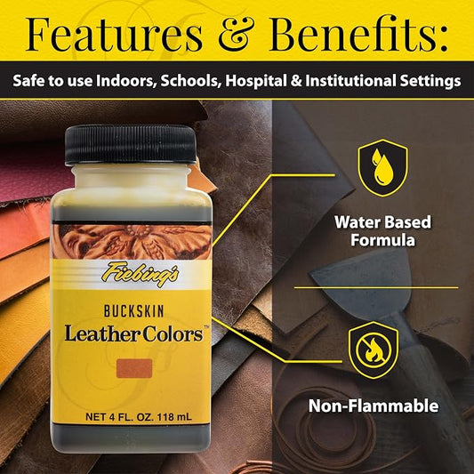 Fiebing's LeatherColors (4 Fl Oz, Buckskin) - Leather Dye for Natural Leather - Water-Based, Non-Flammable Formula - Permanent & Penetrating Color for Shoes, Boots, Furniture - Safe for Institutions