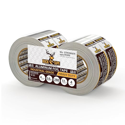 4 Pack Buck Aluminum Foil Tape – 4 Inch x 216ft (72 yd), 3.6 Mil – HVAC Tape for Ductwork, AC, Dryer Vents & Insulation – Silver Foil Tape for Metal Repair, Exhaust Sealing & Air Conditioning