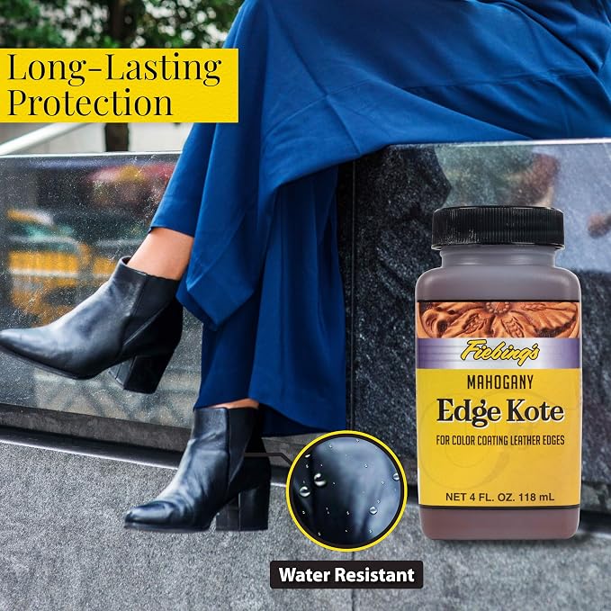 Fiebing's Edge Kote (4oz, Mahogany) - Leather Edge Paint for Shoes, Furniture, Purses, Couches, Belts - Flexible, Water Resistant, Semi Gloss Color Coating Leather Dye to Protect Natural Edges